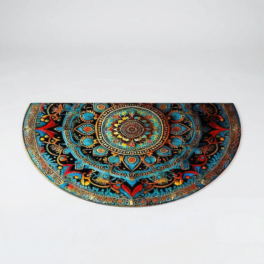 Flowique statement half-round mandala doormat. Decorative entryway rug with wave design, non-slip & washable.