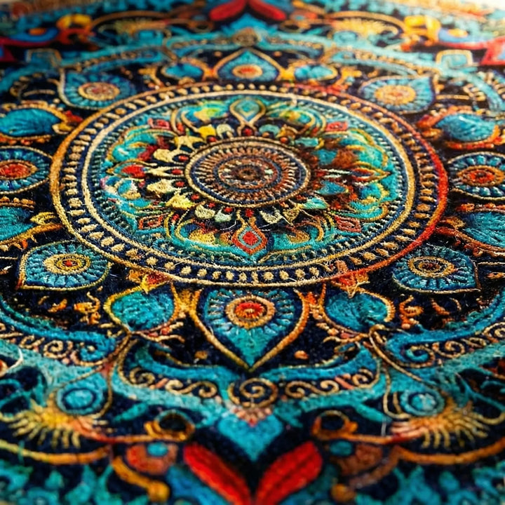 Artistic half-round mandala doormat for front doors. Indoor/outdoor entryway mat with decorative wave pattern.