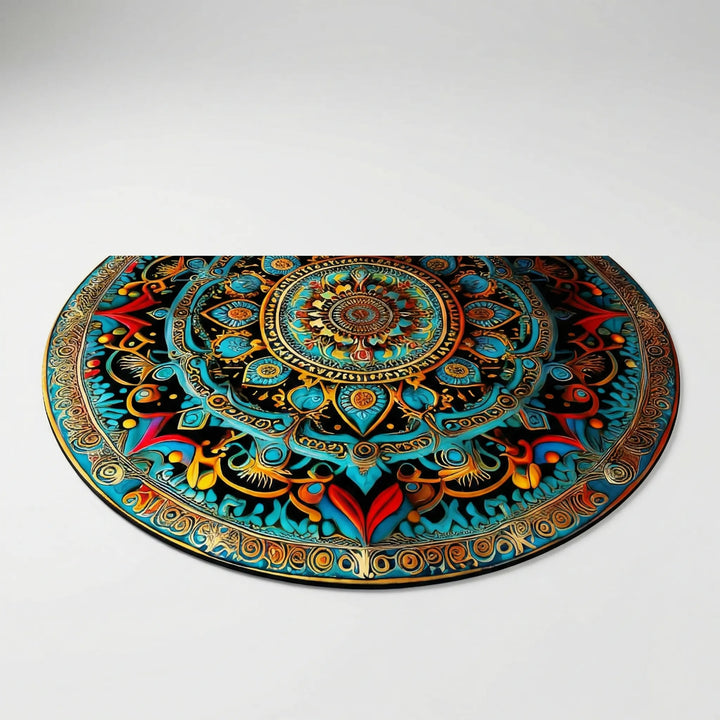 Vibrant decorative half-round mandala doormat with Flowique wave design. Perfect non-slip rug for any entryway.