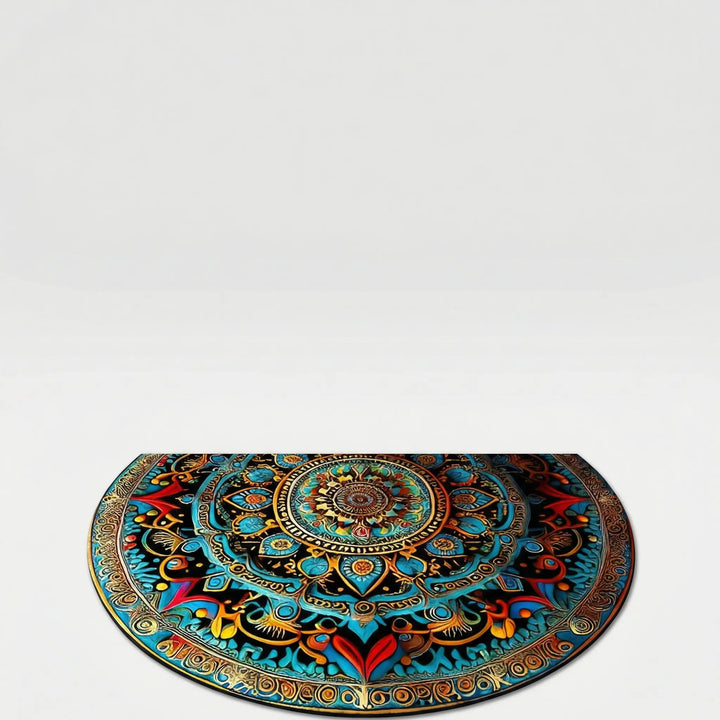 Stylish half-round mandala doormat for entryways. Durable, non-slip, and washable indoor/outdoor decorative rug.