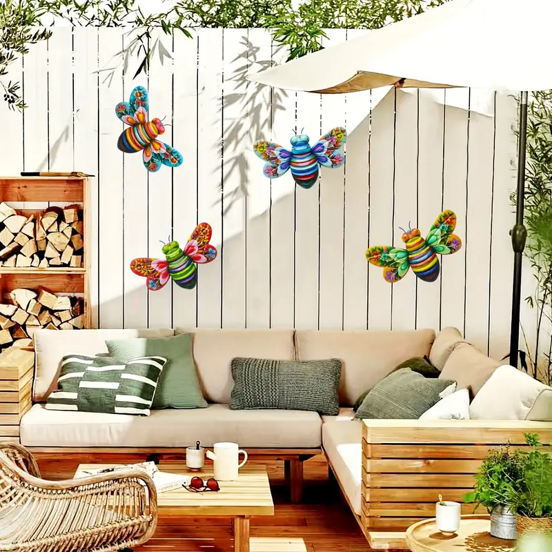 Bee garden art made from durable metal, resistant to weather, for year-round outdoor display.