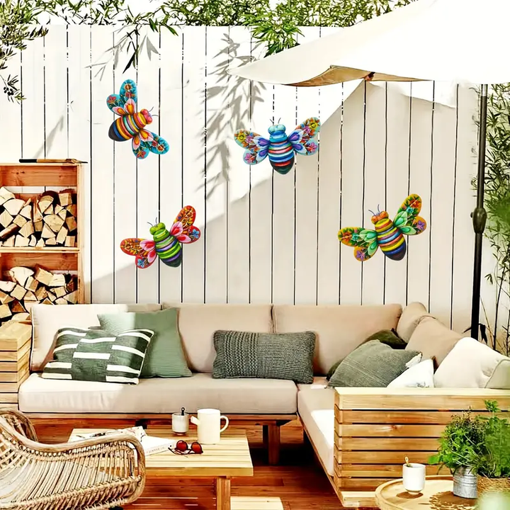 Bee garden art made from durable metal, resistant to weather, for year-round outdoor display.