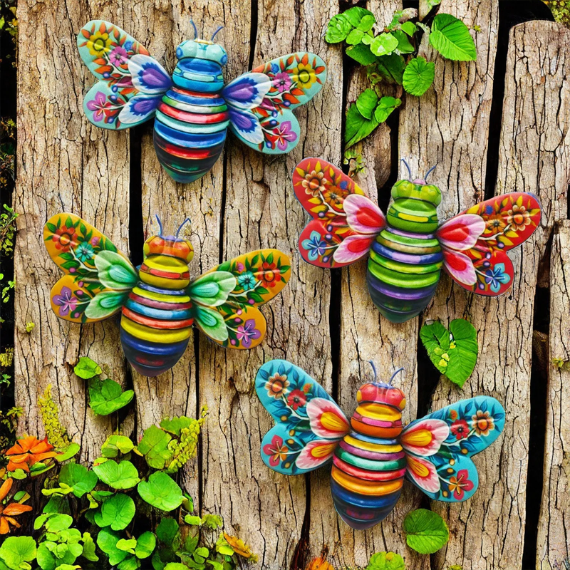 Metal bee wall sculpture adorning a brick wall, enhancing a patio or outdoor area.