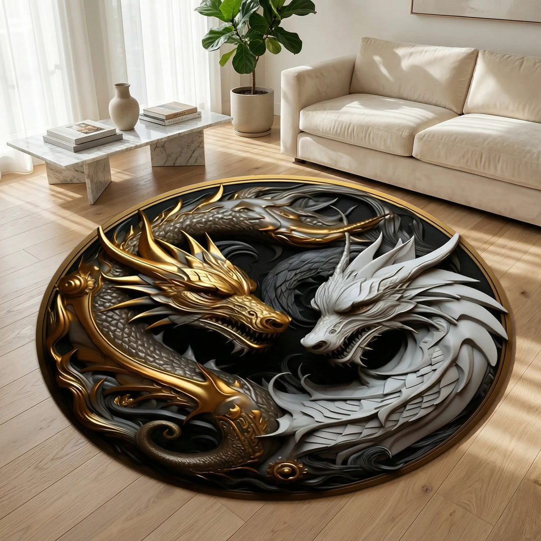 Decorative round dragon area rug with elegant wave patterns, perfect for mythical home decor.