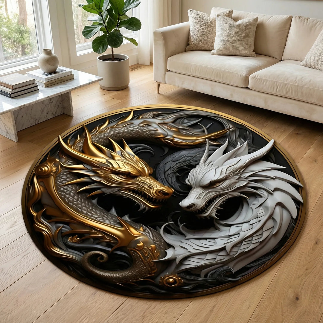 Flowique round dragon area rug featuring intricate wave designs, a bold statement piece for mythical decor.