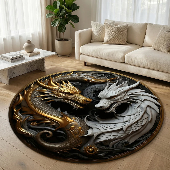 Unique round dragon area rug with wave patterns, a decorative and washable floor accent for modern homes.