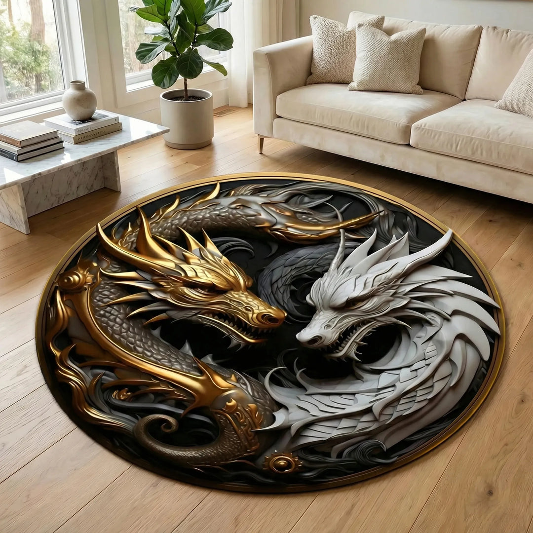 Statement round dragon area rug with dynamic wave designs, ideal for mythical-themed bedroom or living room decor.