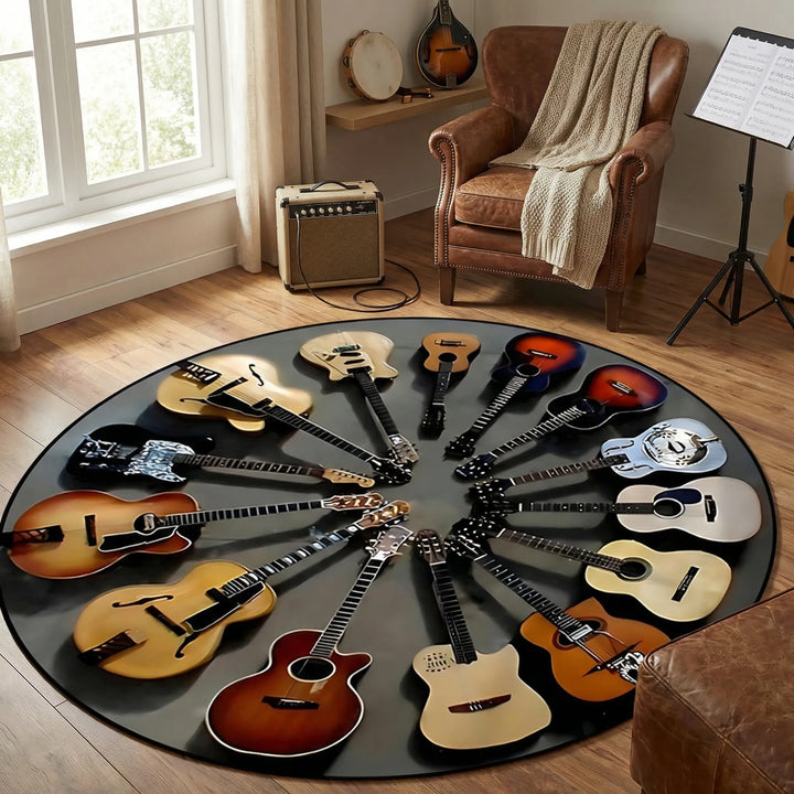 Decorative round guitar area rug with non-slip backing for living room music decor.