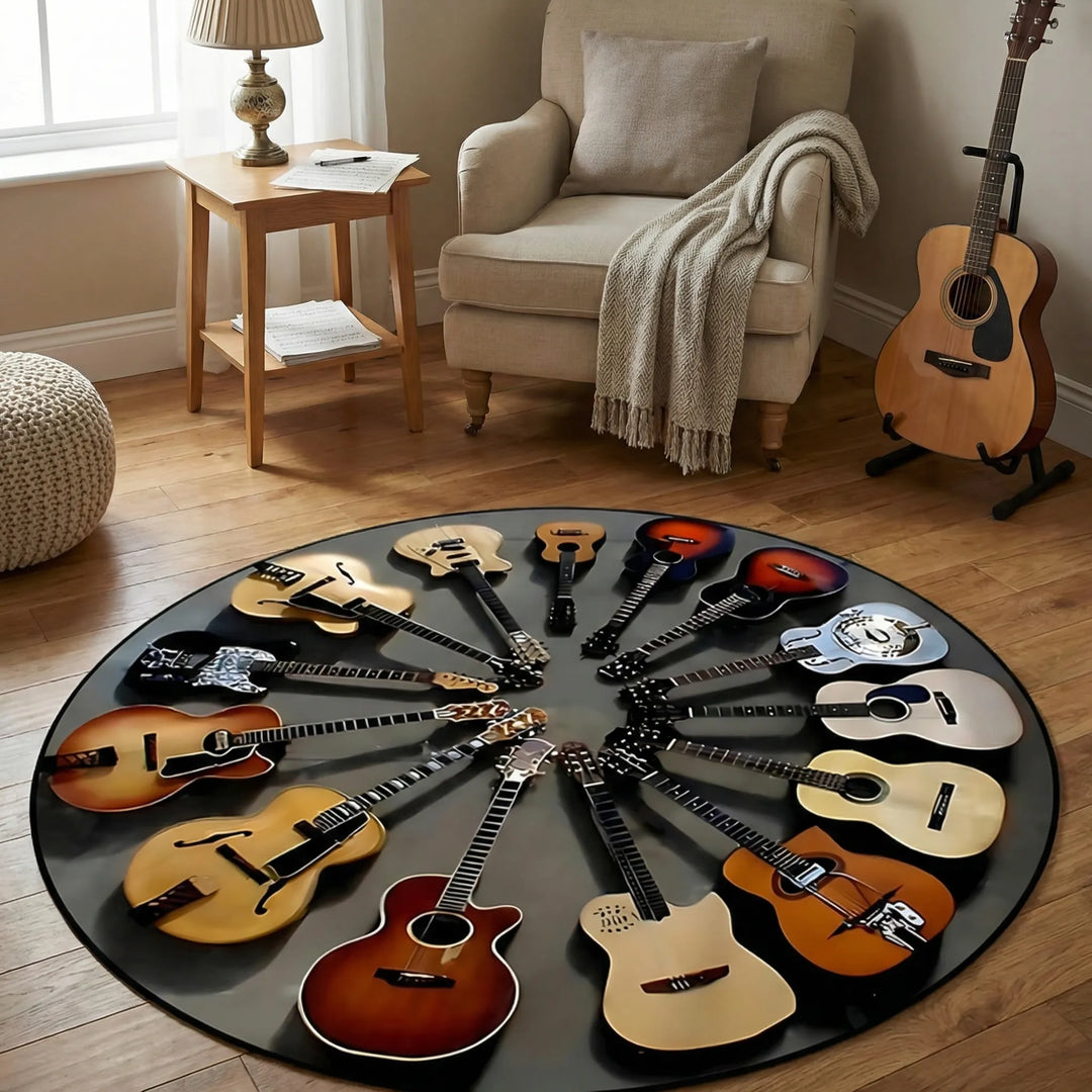 Statement round guitar area rug, non-slip, adds music decor to any room. Flowique design.