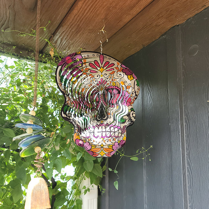 Garden decor wind spinner, detailed sugar skull art, outdoor metal accent