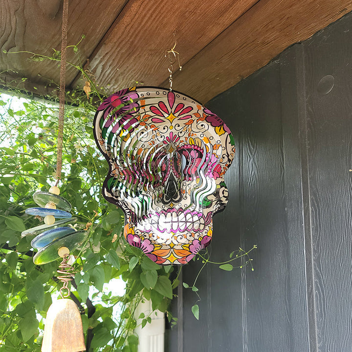 Garden decor wind spinner, detailed sugar skull art, outdoor metal accent