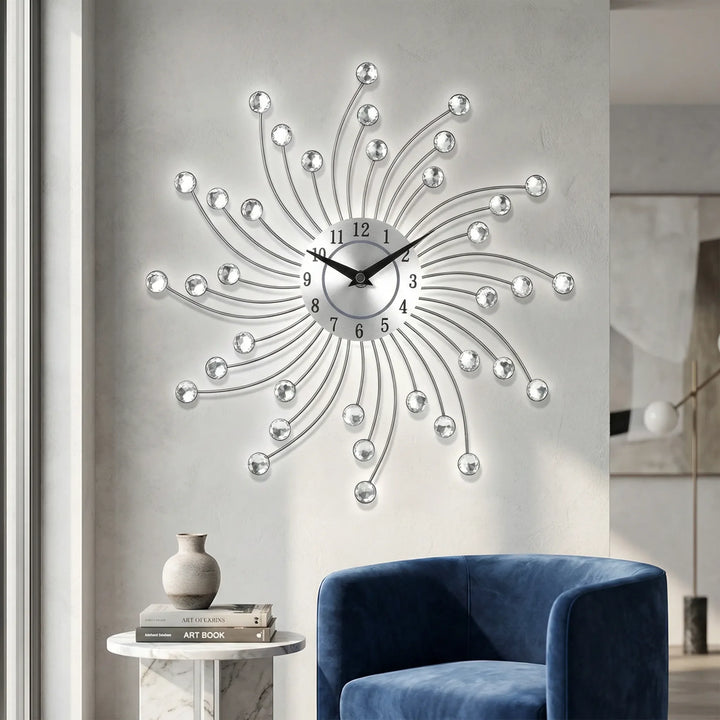 Decorative sunburst wall clock with sparkling accents, a modern metallic statement piece for living room or bedroom decor.