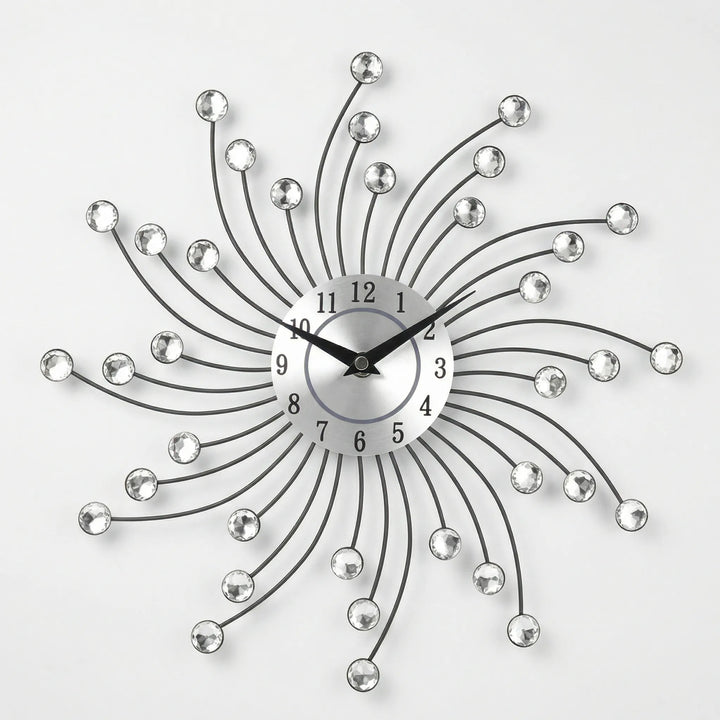 Elegant sunburst wall clock featuring a metallic finish & sparkling details. Ideal silent decorative clock for home decor.