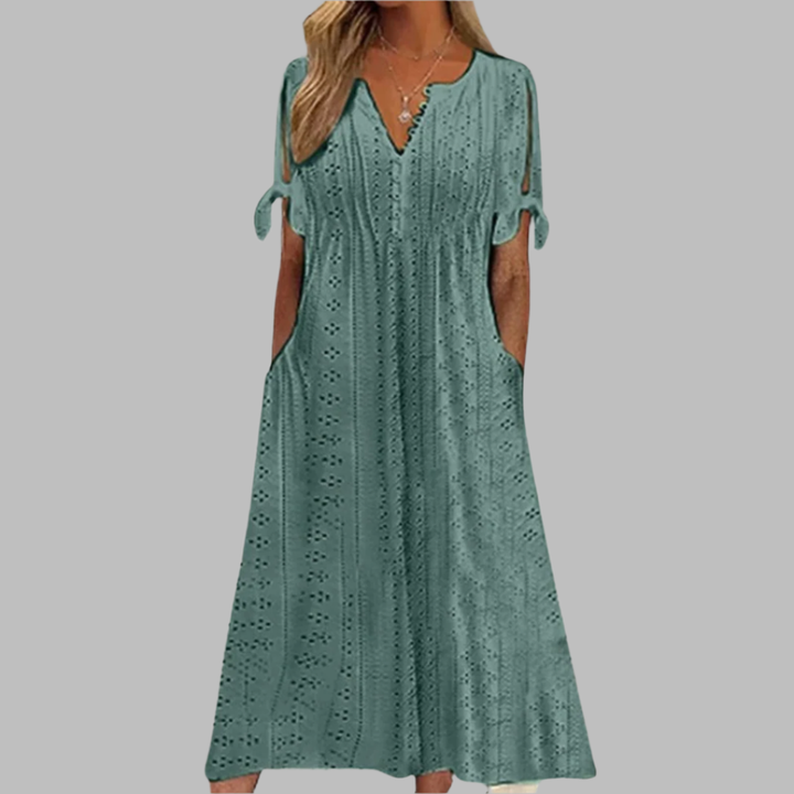 Light & airy Women's Boho Summer Midi Dress with pockets. Delicate, A-line, V-neck, perfect for a garden party.