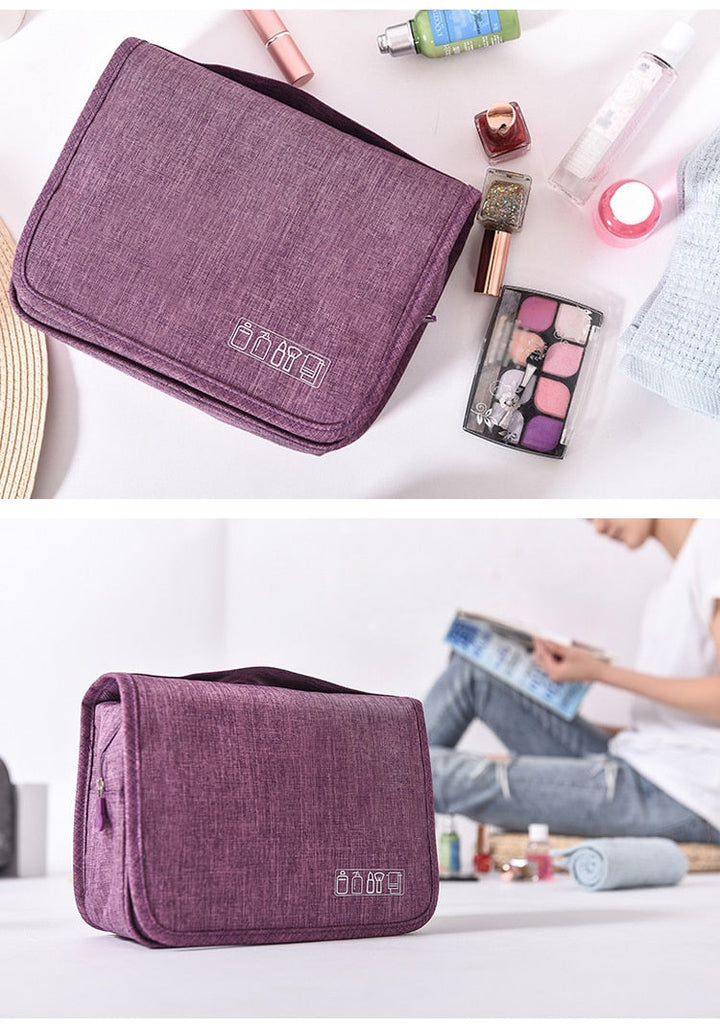 Waterproof hanging cosmetic organizer, ideal for travel & keeping items secure.