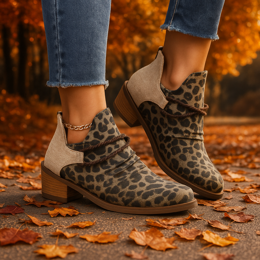 Leopard print woven textile boots with block heel, comfortable and stylish for women