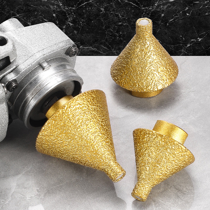 Angle grinder with diamond beveling tool in action, showing efficient tile work