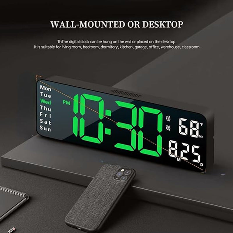 Remote control for digital LED wall clock, showcasing time and alarm settings options