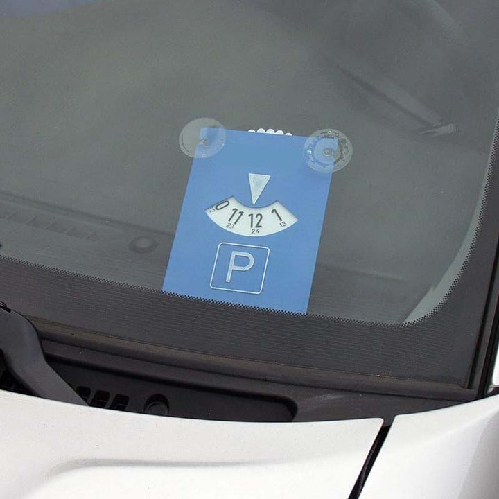 Compact digital parking timer with white numerals on black screen, featuring a blue ice scraper.