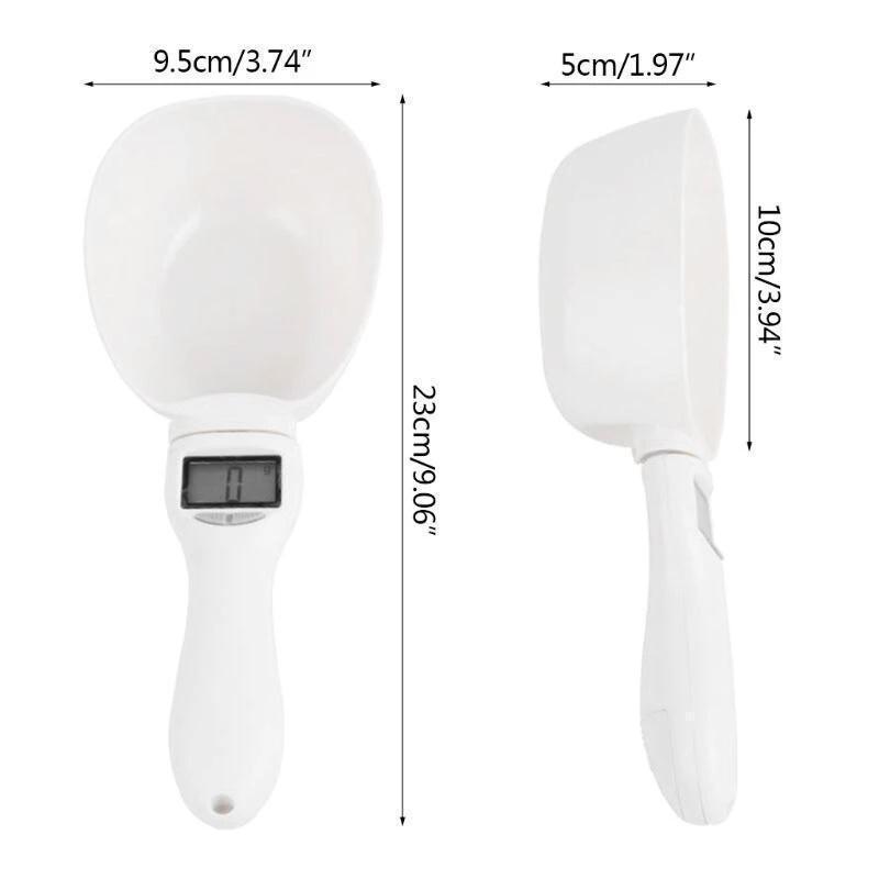 Digital pet food scale with various dry pet foods in background, emphasizing its versatility
