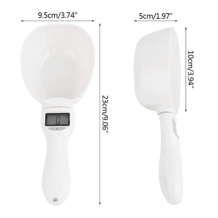 Digital pet food scale with various dry pet foods in background, emphasizing its versatility