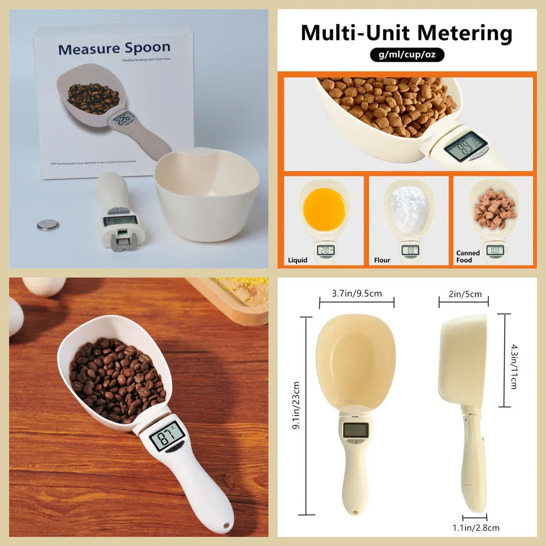 Pet owner using a digital pet food measuring scoop scale to portion kibble for a dog
