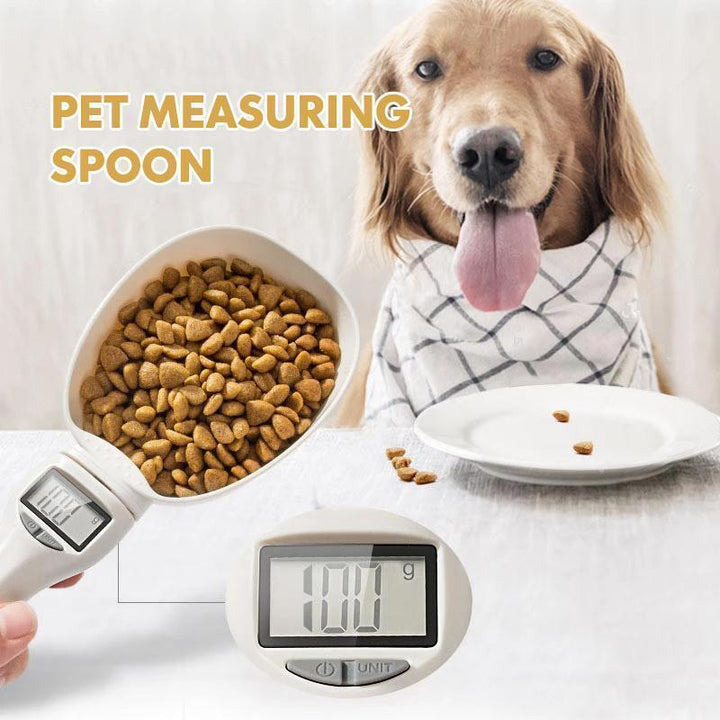 Digital pet food measuring scoop scale in action, displaying weight of cat food