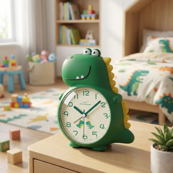 DinoRise children's tabletop alarm clock with playful dinosaur design, silent, gentle wake-up light for kids' room.