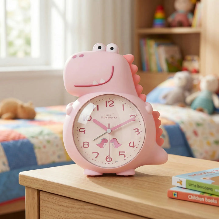 DinoRise children's dinosaur alarm clock, silent tabletop design, gentle wake-up light, great for kids' rooms.