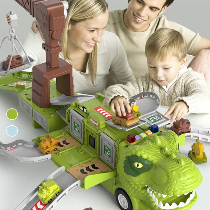 Kids' vehicle toy: dinosaur transforming truck that unfolds into a race track for mini cars