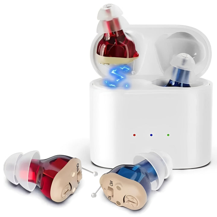 Rechargeable in-ear hearing enhancers for adults. Delivers clear audio & sound clarity for mild to moderate hearing.