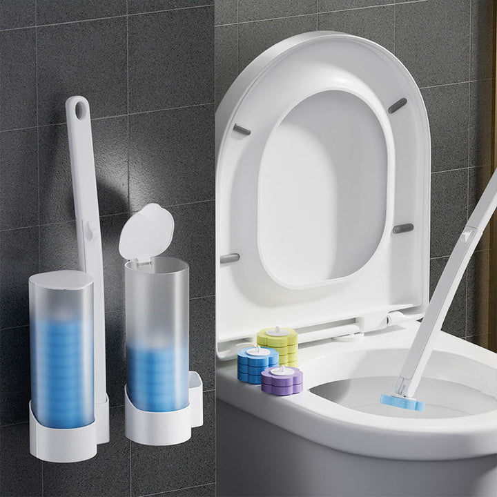 Hands holding a disposable toilet brush cleaning wand