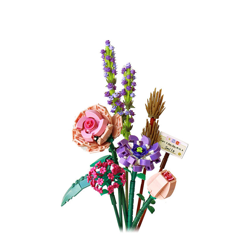 High-angle view of a DIY botanical building block bouquet, a vibrant plastic flower display.