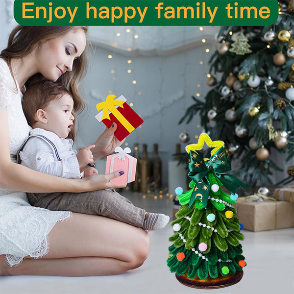 Close-up of a DIY Christmas tree craft kit, showcasing vibrant pipe cleaners and decorative elements