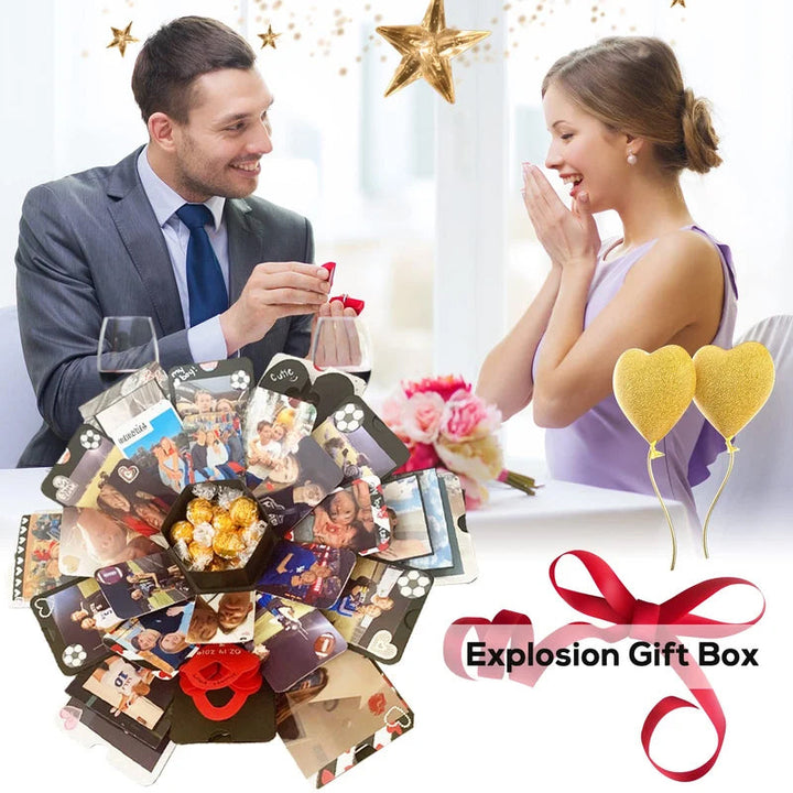 Closed DIY creative photo explosion gift box with ribbon, personalized scrapbook for birthday or memory box