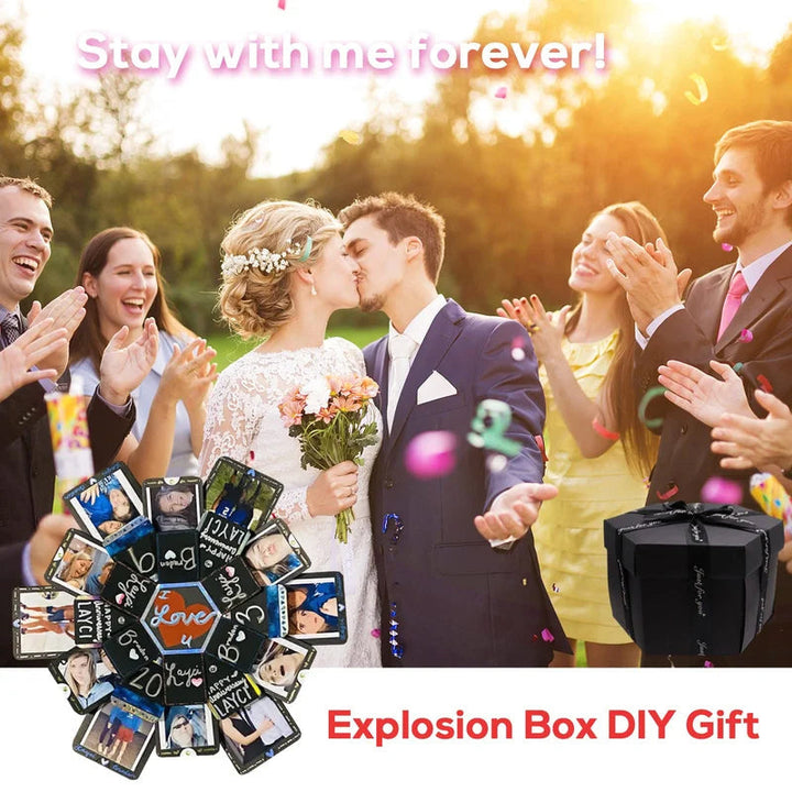 Top-down view of an open explosion box, revealing photos, cards, and small gift space, a unique surprise box