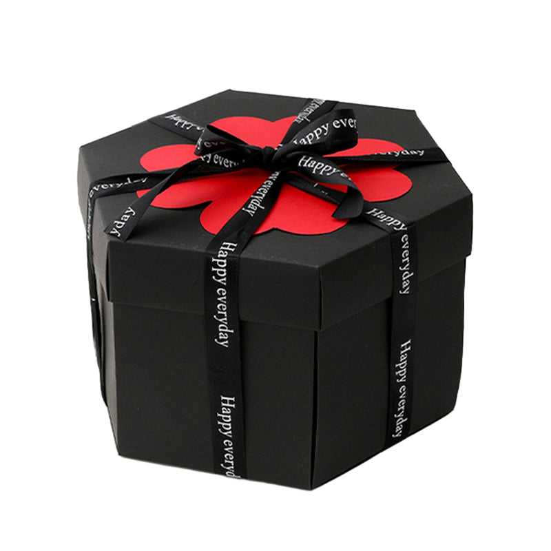 DIY creative photo explosion gift box, partially open, revealing multiple compartments for notes and small presents