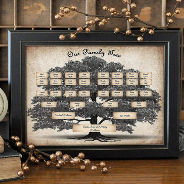 Family tree chart kit displayed in a living room as a potential home decor piece, showcasing ancestry