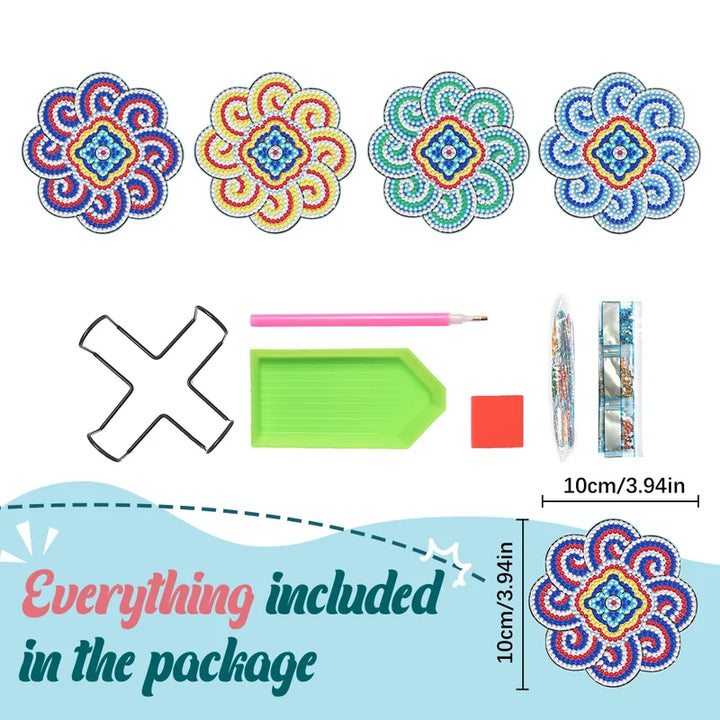 Set of finished Mandala Diamond Painting Coasters on a table