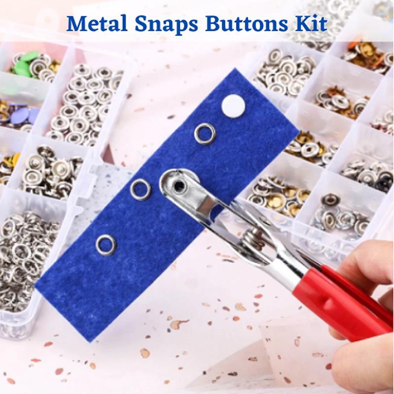 Metal snaps buttons for DIY apparel and crafts, showing tools for installation