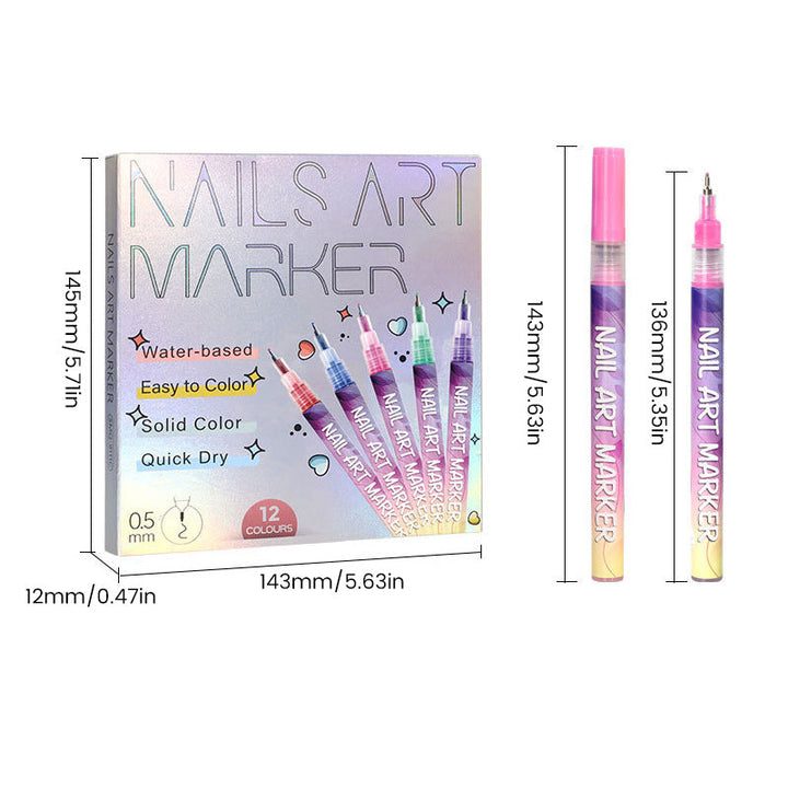 Set of DIY nail art doodle pens arranged neatly, emphasizing precision and variety for nail designs