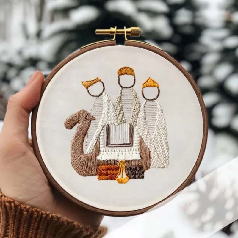 Nativity Scene embroidery kit packaging, showcasing the finished Christmas decor item