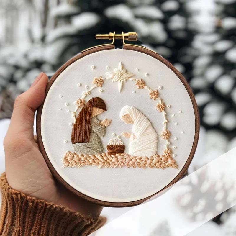 Small hoop with intricate Nativity Scene design, highlighting the fine details of the kit