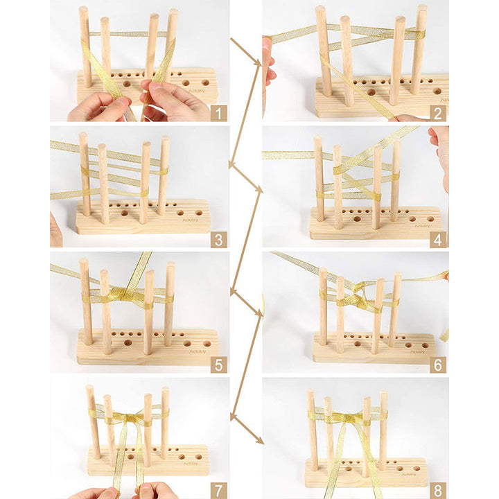 Close-up of a wooden ribbon bow maker tool, ideal for DIY crafts and gift decoration