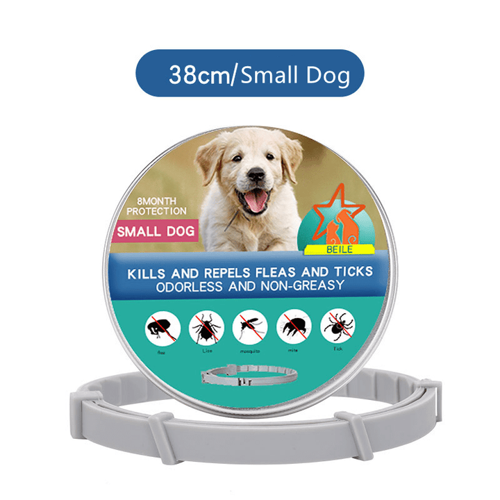 Close-up of an 8-month flea & tick protection collar, offering long-lasting pest control for pets.