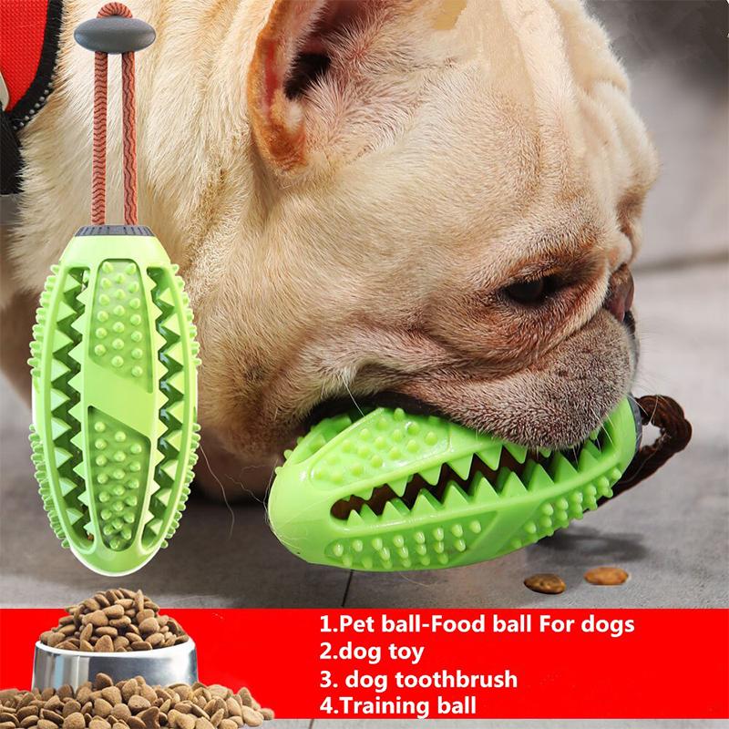 Close-up of dog chew toy showing dental nubs for teeth cleaning and treat dispensing opening, pet care