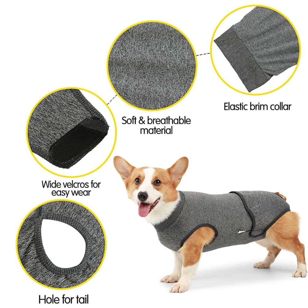 Surgical recovery dog suit offers wound protection, reduces anxiety, and is a comfortable cone alternative.