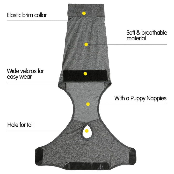 Gentle dog recovery suit. Ensures wound protection & reduces anxiety post-surgery, better than a cone.