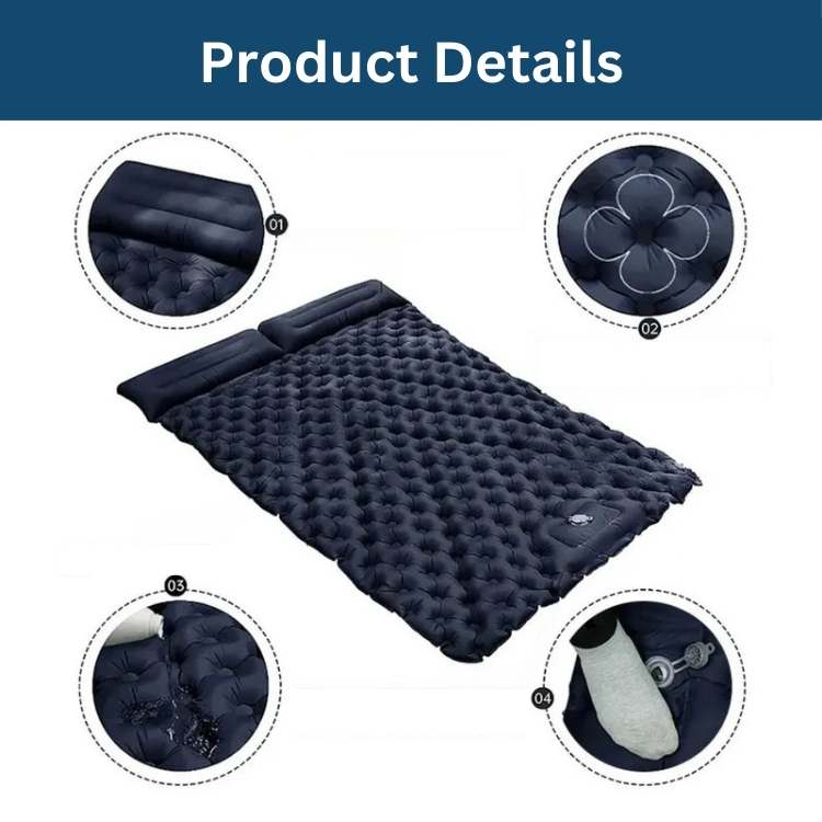 Quick-inflate double air mattress for camping. Comfortable 2-person sleeping pad, great for outdoor travel.