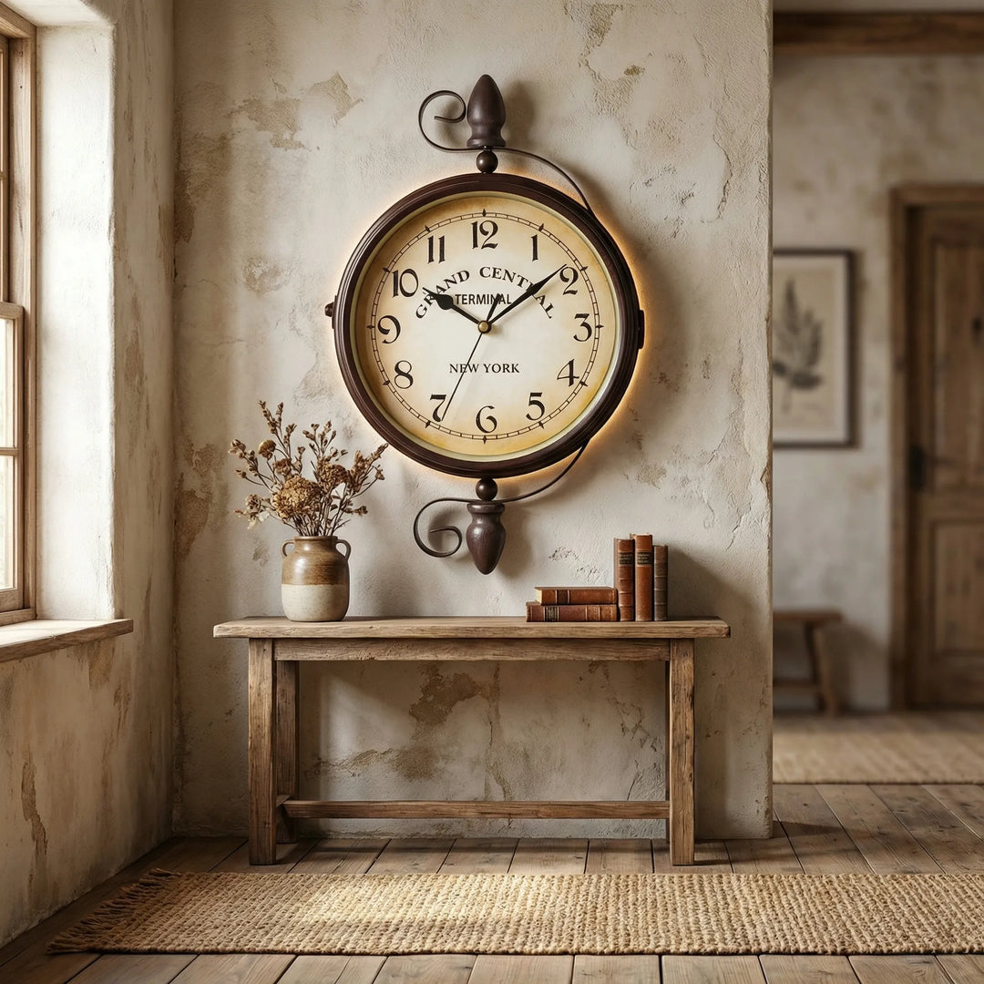 Double-sided vintage wall clock with antique finish, ideal for living room or office decor. Classic station style timepiece.